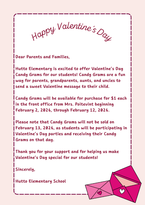 This image contains details about Candy Grams being sold at Hutto.
