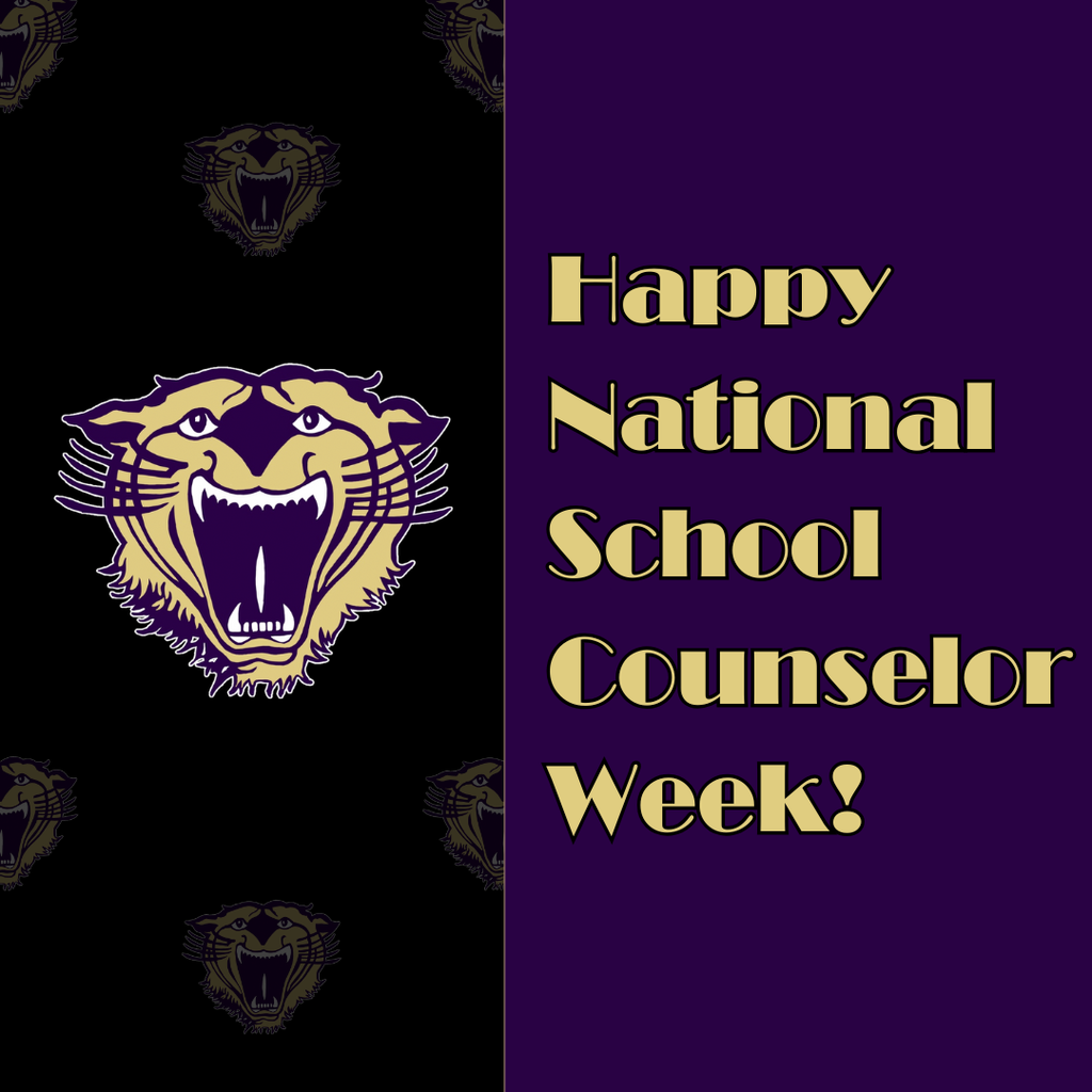 Purple and black graphic with a roaring Bearcat logo and the text ‘Happy National School Counselor Week!