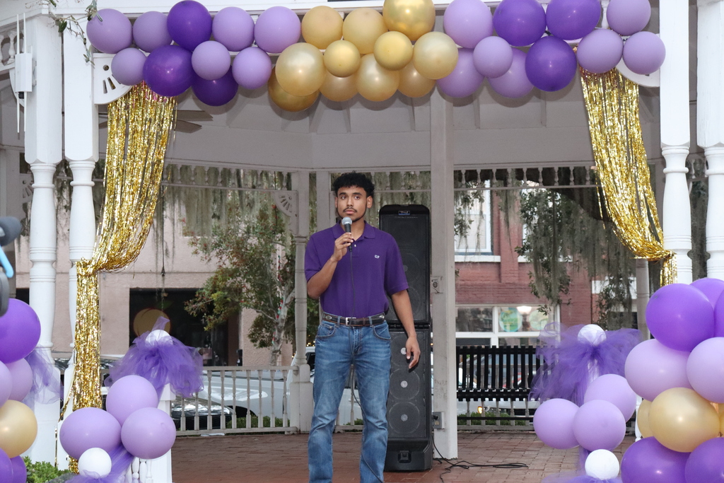 Speaker addresses the crowd at the decorated Willis Park Gazebo during the Coach DuBose Meet and Greet