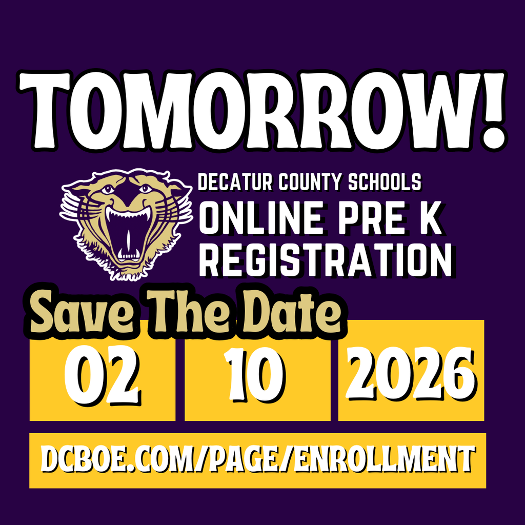 Graphic announcing Decatur County Schools online Pre-K registration opening tomorrow, February 10, 2026, with a panther mascot and enrollment website listed.