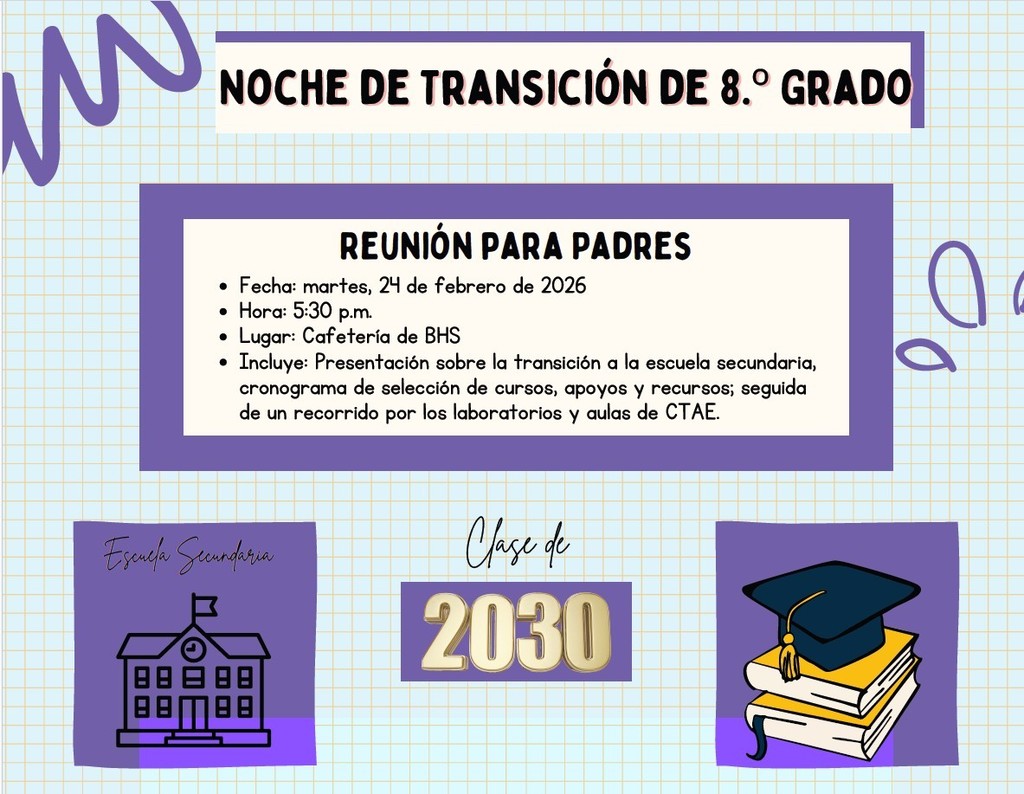 8th Grade Transition Night Feb 24 at BHS Cafeteria 5:30 PM