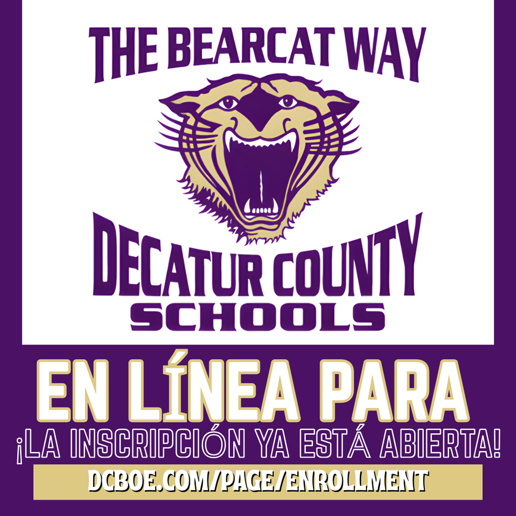 Purple and gold graphic with a Bearcat logo reading “The Bearcat Way – Decatur County Schools” and text announcing “Online Pre-K Registration Is Now Open” with the enrollment website listed.