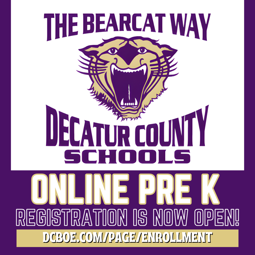 Purple and gold graphic with a Bearcat logo reading “The Bearcat Way – Decatur County Schools” and text announcing “Online Pre-K Registration Is Now Open” with the enrollment website listed.