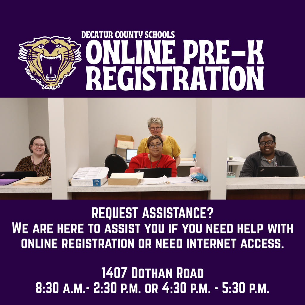 Graphic in purple and gold for Decatur County Schools Online Pre-K Registration featuring staff seated behind a front desk, with text offering registration assistance at 1407 Dothan Road from 8:30 a.m. to 2:30 p.m. and 4:30 p.m. to 5:30 p.m.
