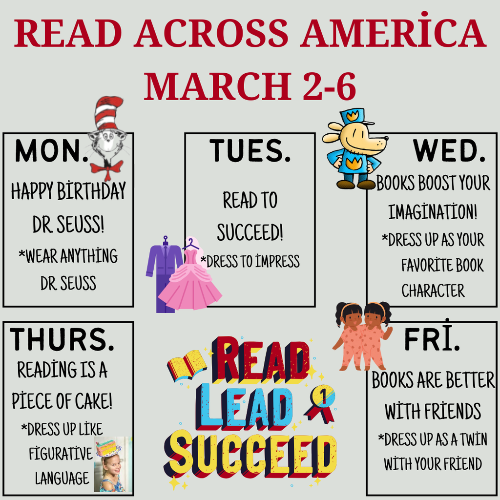 This image contains information about read across america dress up days with images beside each.