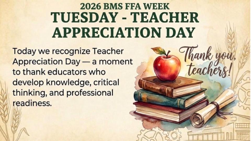 Image of books and an apple thanking teacher for their dedication to developing knowledge, critical thinking, and professional readiness. 