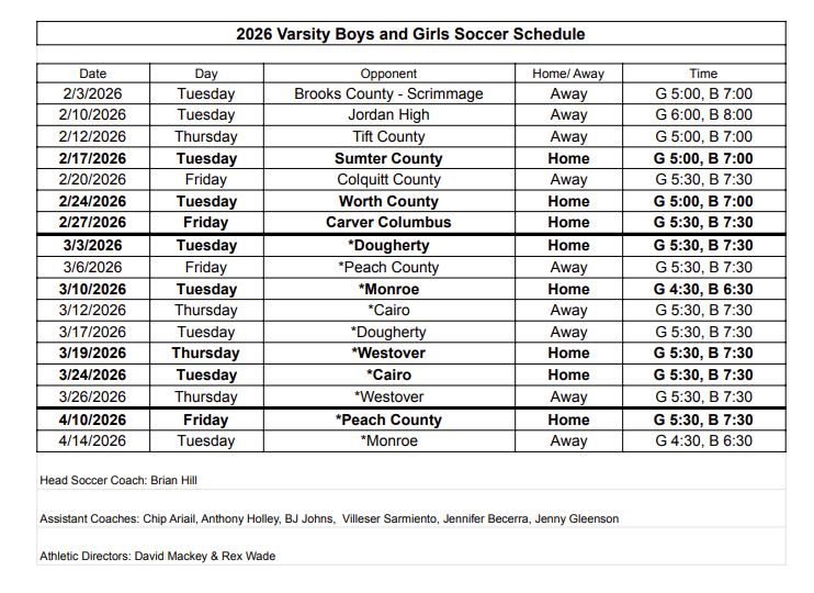 2026 BHS Soccer Schedule