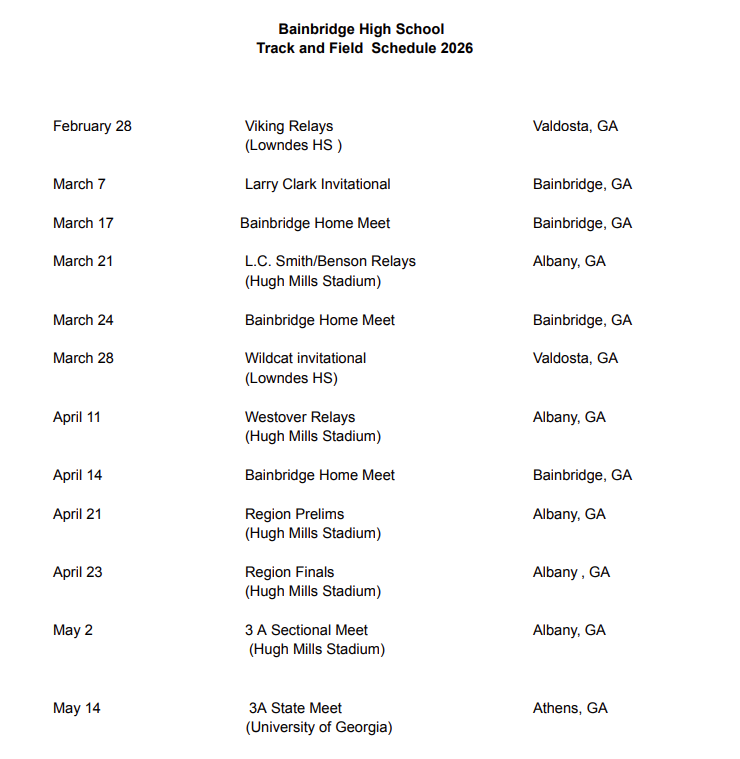 2026 BHS Track and Field Schedule