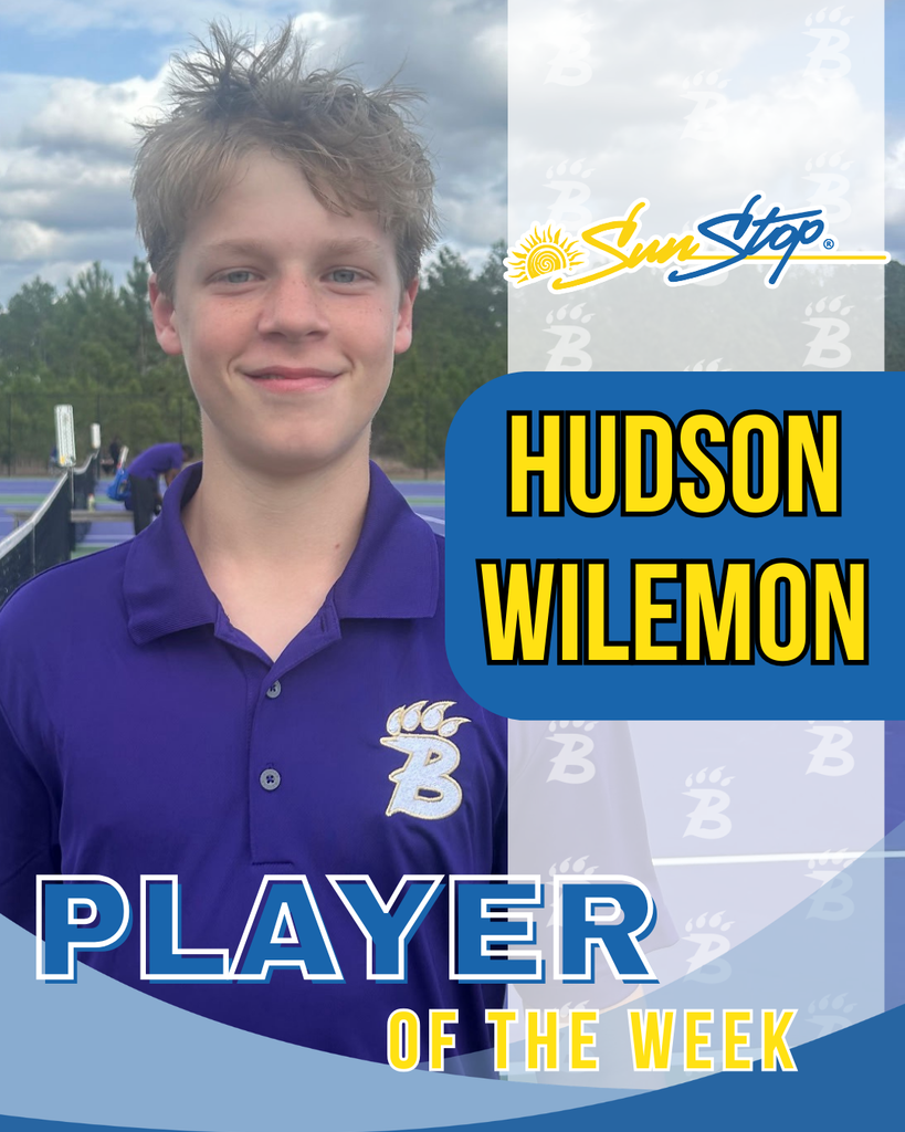 Portrait of a teenage boy in a purple polo with a “B” logo standing in front of tennis courts, with text overlay reading “SunStop,” “Hudson Wilemon,” and “Player of the Week.”