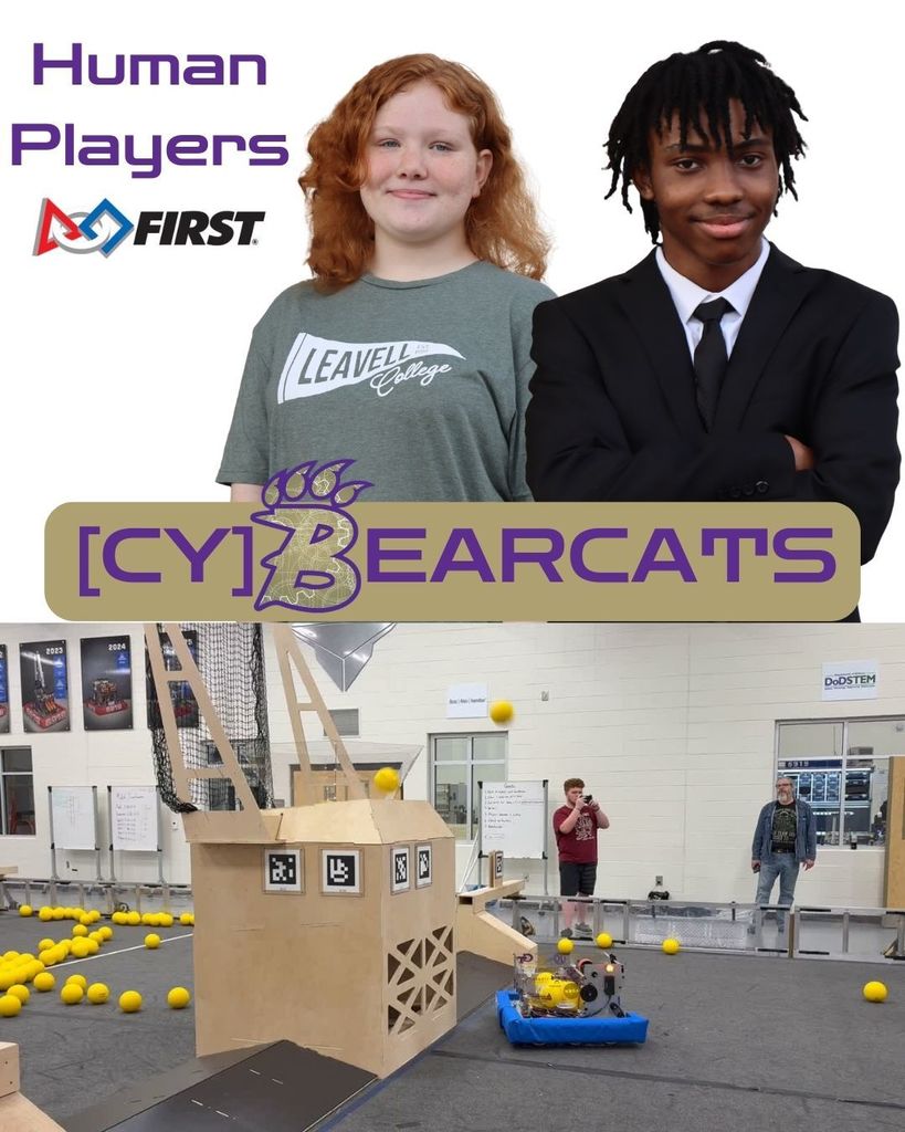 Human Players for FRC 11214 are pictured with robot. Together they will score fuel in the Hub on the field this week.