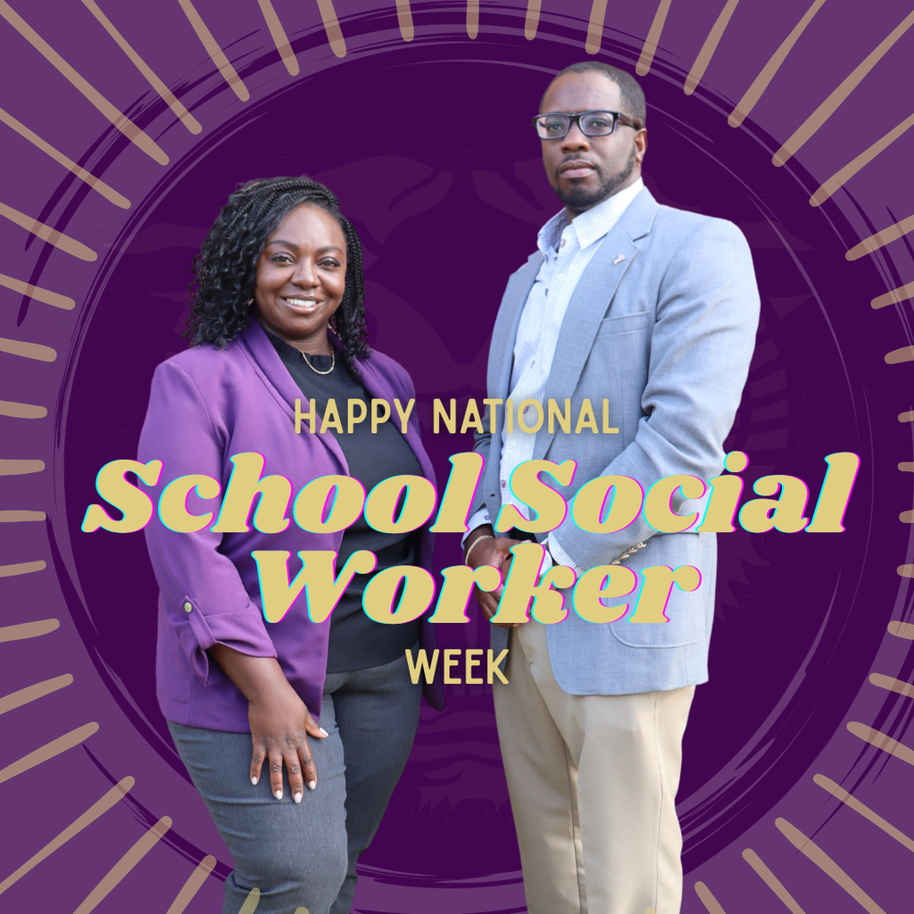 Two school social workers stand side by side against a purple graphic background with the text “Happy National School Social Worker Week.