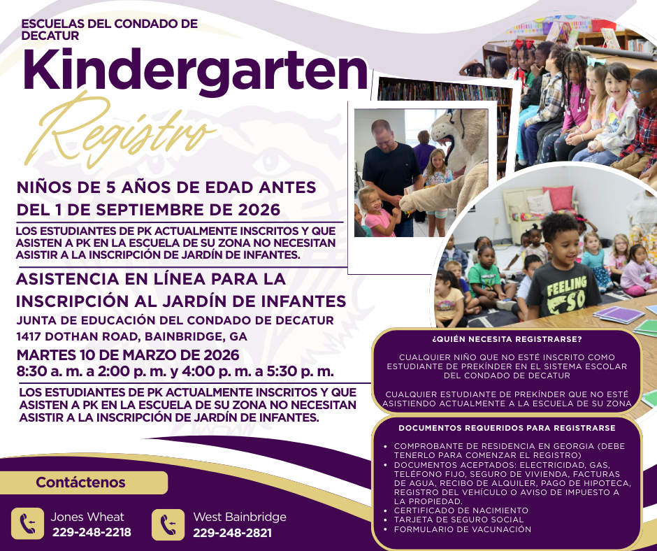 Decatur County Schools graphic announcing Kindergarten Registration for children who will be 5 years old on or before September 1, 2026. In-person registration assistance is available March 10, 2026 at the Decatur County Board of Education with required documents listed and contact information for Jones Wheat Primary and West Bainbridge Primary.