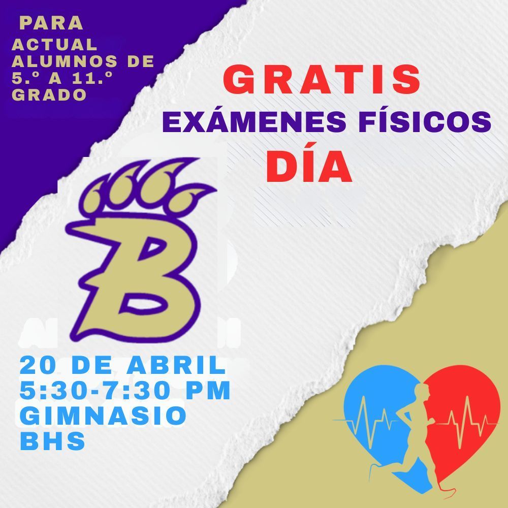 Our Free Physical day is set for Monday, April 20th from 5:30-7:30pm.