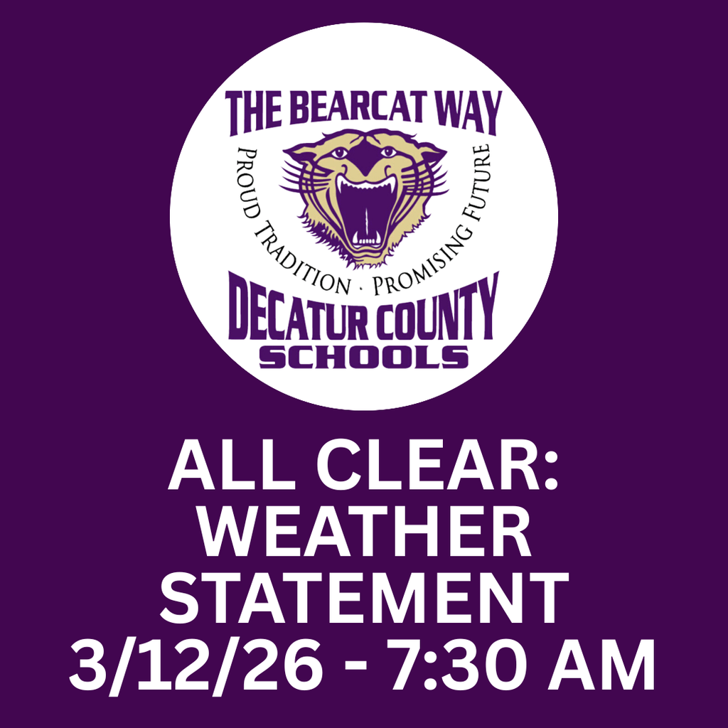DCBOE logo in a white circle with a purple background with text that reads, "all clear: weather statement 2/12/26 - 7:30am