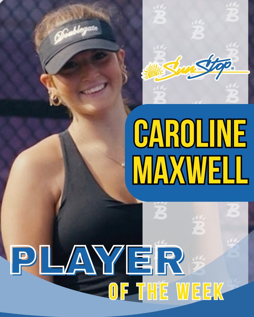 Graphic featuring tennis player Caroline Maxwell smiling on the court, labeled “SunStop Player of the Week