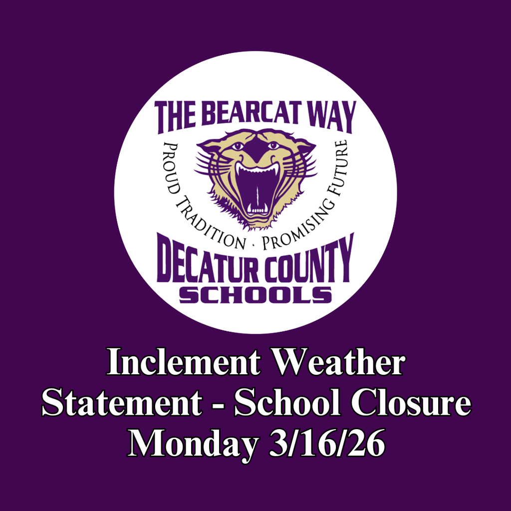 DCBOE logo with purple background and statement that  reads, "Inclement Weather Statement - School Closure Monday 3/16/26"