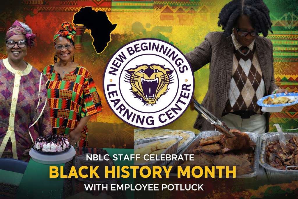NBLC staff celebrate Black History Month with a potluck, featuring smiling staff members, cultural attire, and a table of shared dishes against a vibrant, patterned background.