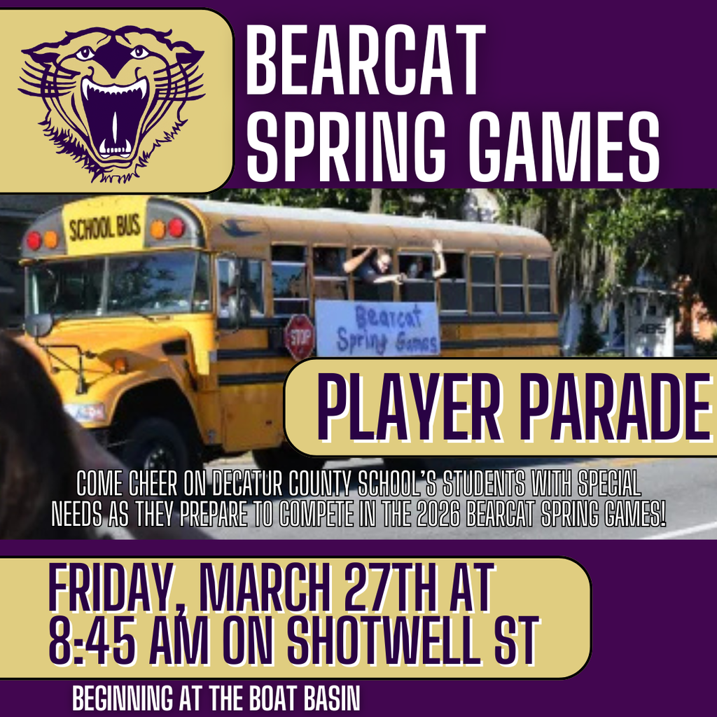 Flyer for “Bearcat Spring Games Player Parade” showing a school bus with students, inviting the community to cheer on special needs students. Event is Friday, March 27 at 8:45 AM on Shotwell Street, beginning at the boat basin.