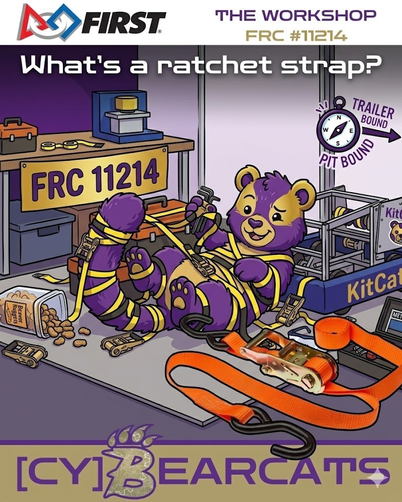 Bearcat wrapped up in a Ratchet Strap trying to tie down the robot in the lab