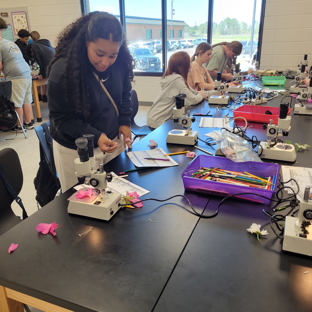 7th grade girl looking at a flower bloom. 