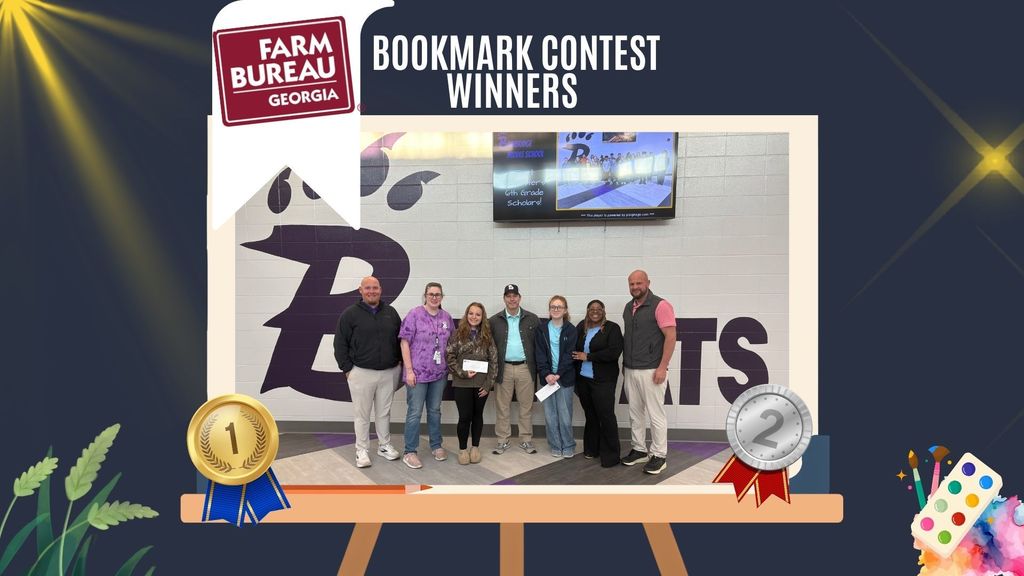 "Congratulations to our bookmark contest champions! 🏆 First place: 7th grader Michaela McClanahan and second place: 6th grader Piper Widner—amazing work! Thank you to the Georgia Farm Bureau County President for presenting their prizes. We're so proud of you!