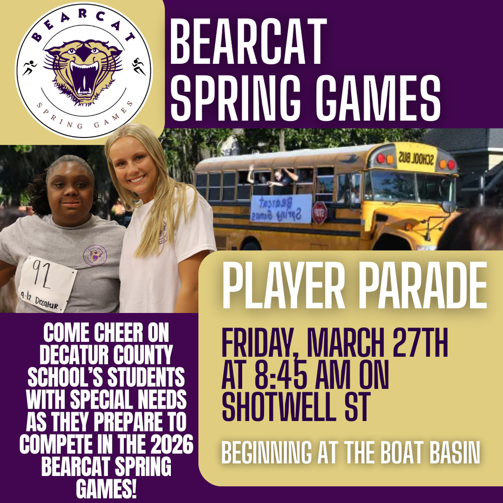 Graphic promoting Bearcat Spring Games Player Parade with student photos, a school bus, and event details: Friday, March 27 at 8:45 AM on Shotwell Street.