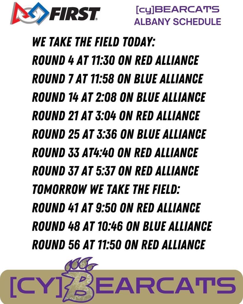 The schedule for TEAM [cy]BEARCATS in ALBANY today! 
