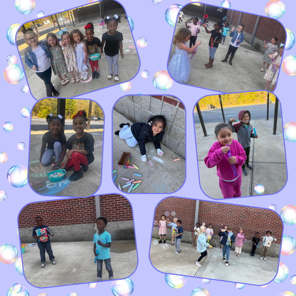 Pictures of students playing with bubbles and sidewalk chalk