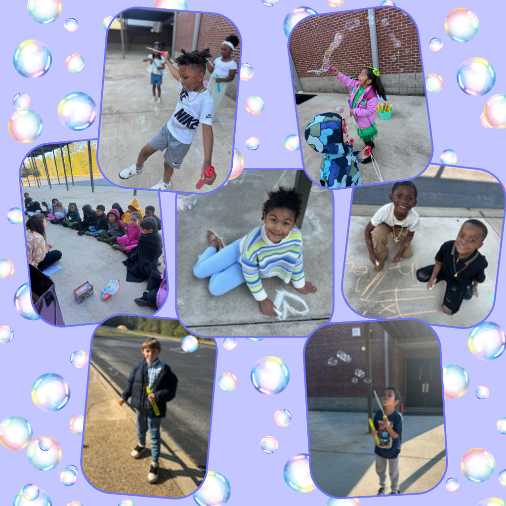 Pictures of students playing with bubbles and sidewalk chalk