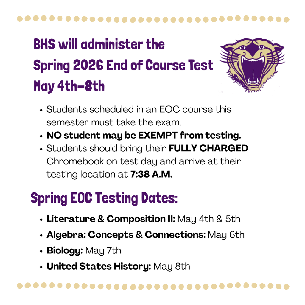 BHS Spring 2026 EOC Dates