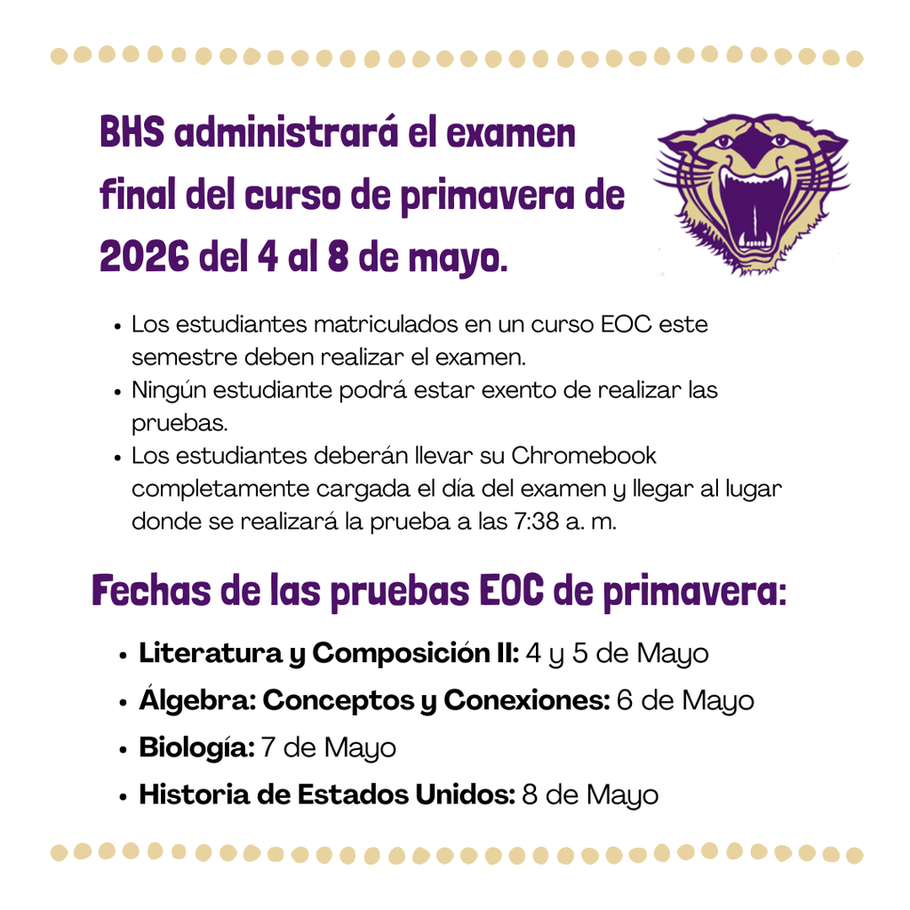 BHS Spring 2026 EOC Dates