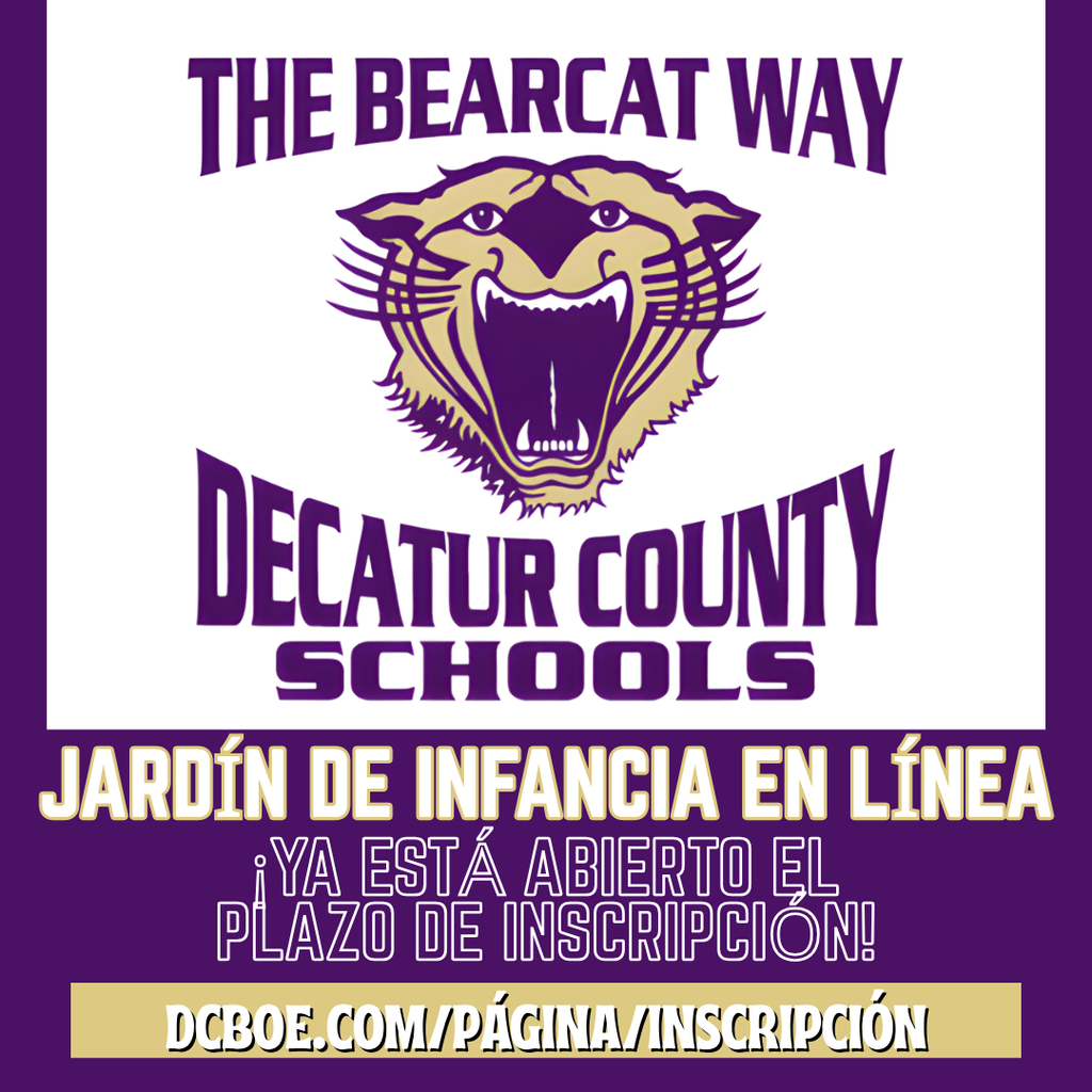 Decatur County Schools graphic with Bearcat logo announcing “Online Kindergarten Registration is Now Open” and a link to dcboe.com/page/enrollment.