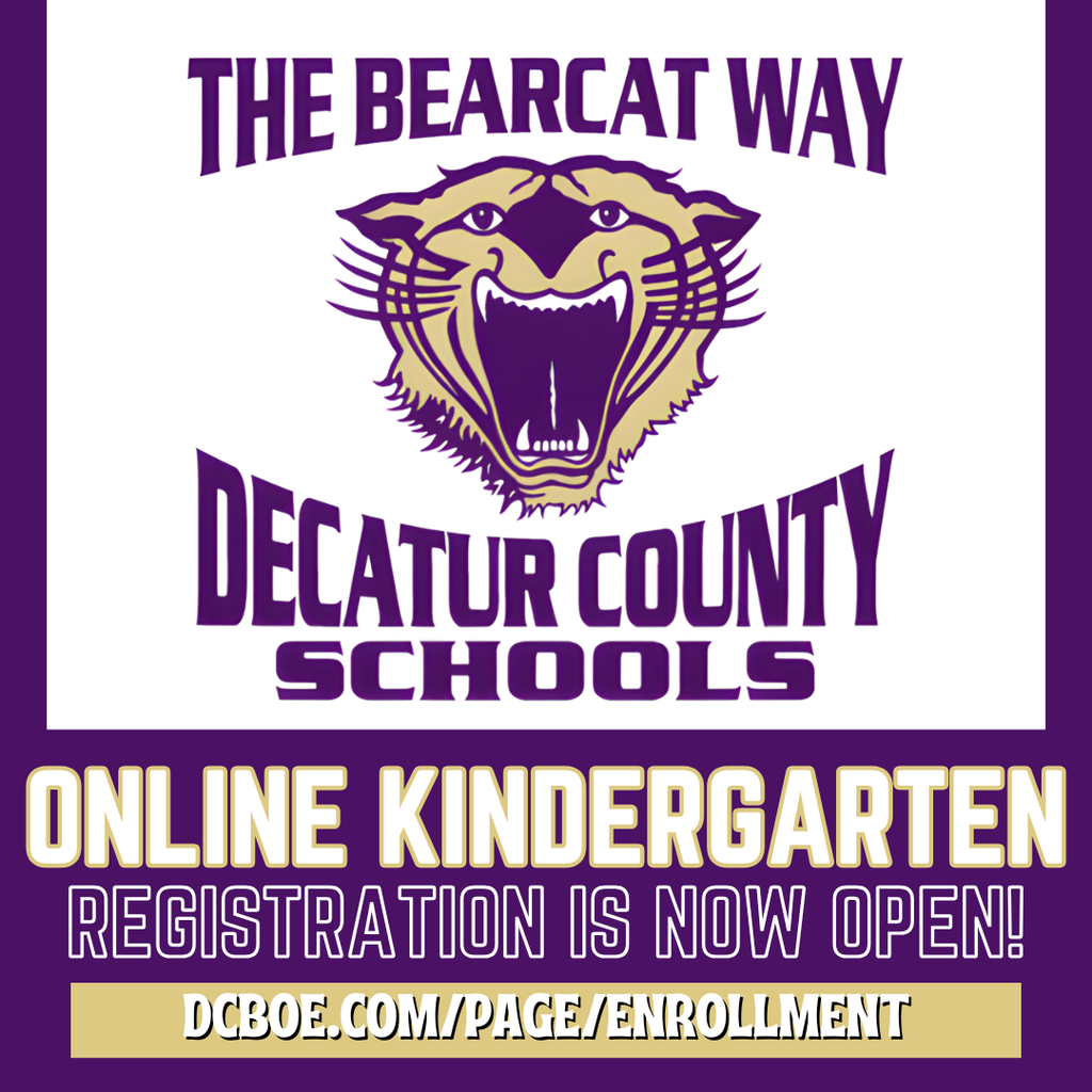 Decatur County Schools graphic with Bearcat logo announcing “Online Kindergarten Registration is Now Open” and a link to dcboe.com/page/enrollment.