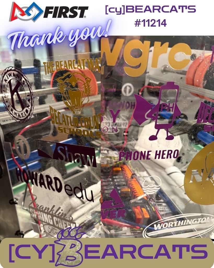 KitCat, the robot, proudly displays each local sponsor who has paved our journey to the state competition.