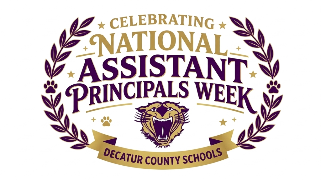 Graphic reading “Celebrating National Assistant Principals Week” with a bearcat mascot and laurel design in purple and gold for Decatur County Schools.