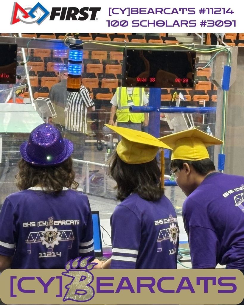Behind the glass the [cy]BEARCATS blend our purple with the GOLD of Team#3091 the 100 Scholars