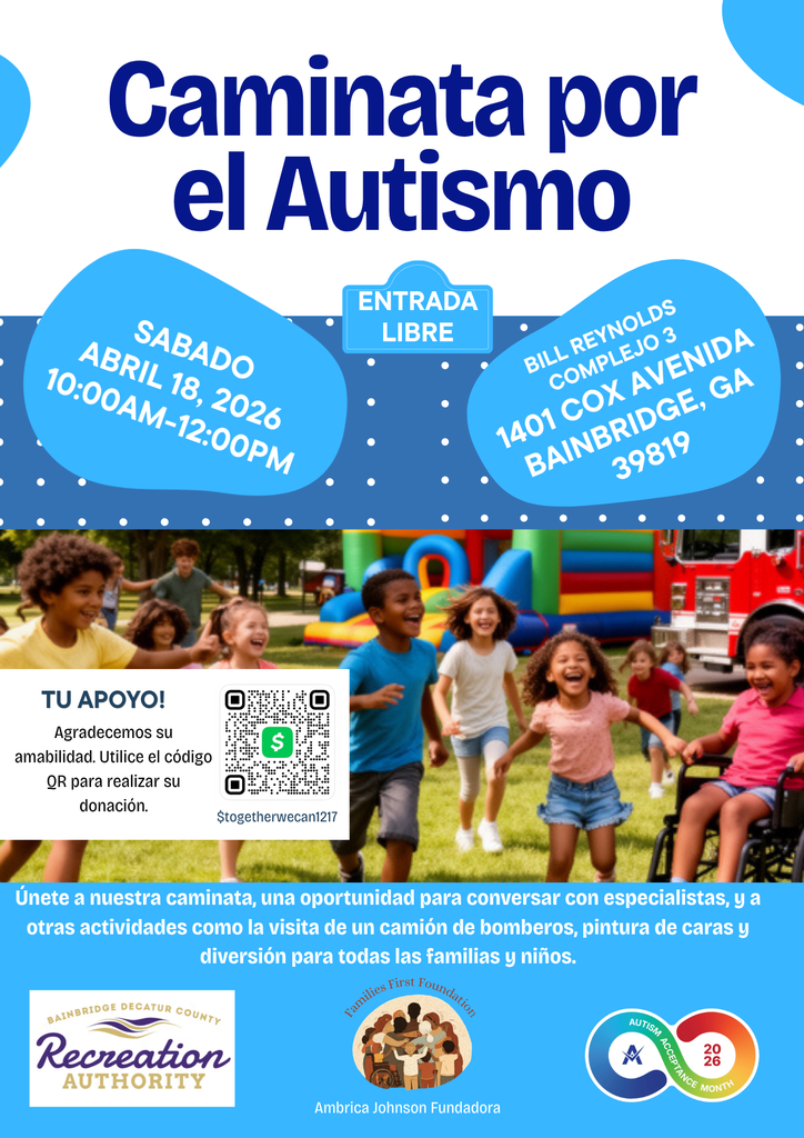 Autism Walk for Inclusion flyer featuring event details: Saturday, April 18, 2026, 10:00 AM–12:00 PM at Bill Reynolds Complex in Bainbridge, GA. Free entry with family-friendly activities, children playing in the background, and a QR code for donations.