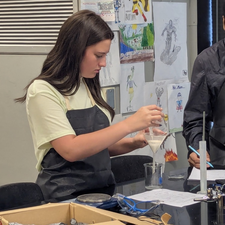Mr. Kelley's chemistry class performed a percent yield lab with calcium carbonate, then joined up with Mrs. Cole's art class to make colorful homemade chalk they then used to decorate the sidewalks