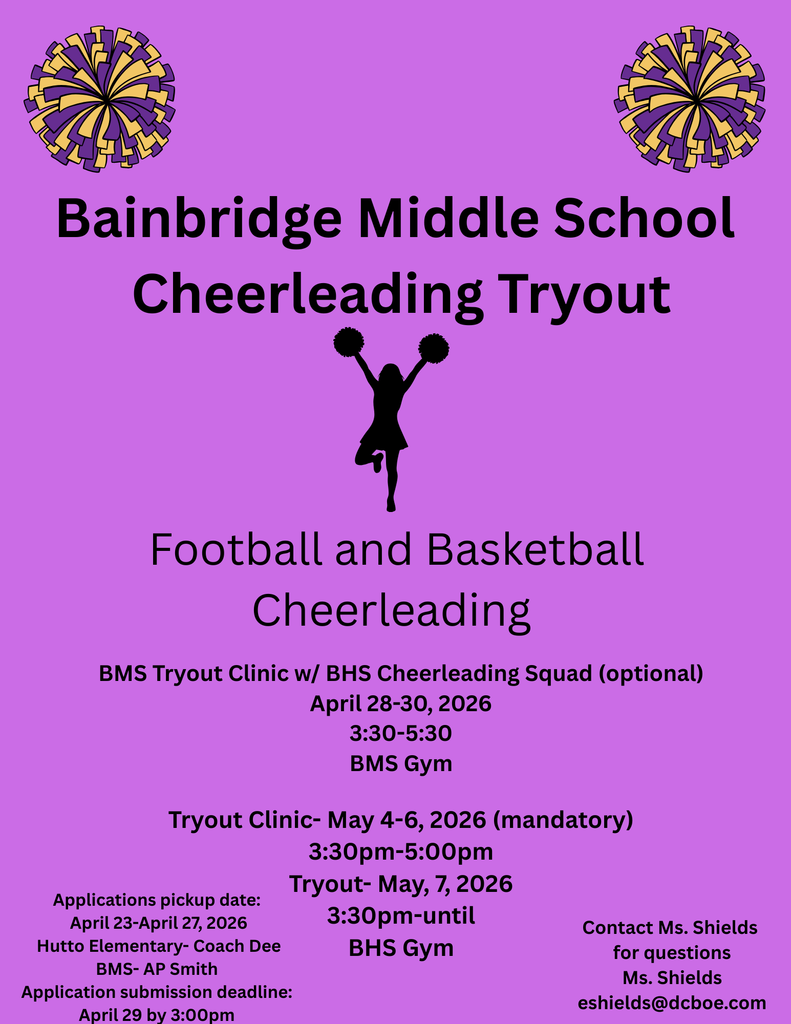 BMS Basketball and Football Cheerleading Tryouts will be May 4-7th at the BHS Gym. Pick up applications from HES Coach Dee and BMS- AP Chad Smith 