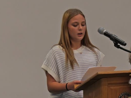 Serenity Rivera (9th grade Honorable Mention ), Jada Teal (10th grade Honorable Mention), Evynn Huggins (11th grade Winner) and Jacee Brock (12th grade and School Winner) read their Laws of Life essays to Rotary on Tuesday. 