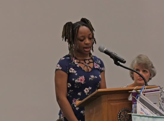 Serenity Rivera (9th grade Honorable Mention ), Jada Teal (10th grade Honorable Mention), Evynn Huggins (11th grade Winner) and Jacee Brock (12th grade and School Winner) read their Laws of Life essays to Rotary on Tuesday. 