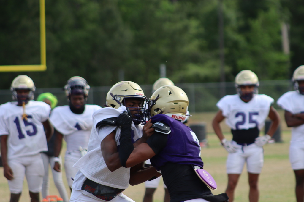 A group of high school football players in purple and white uniforms participate in an intense outdoor practice, running drills, engaging in contact exercises, and listening to coaches on a grassy field surrounded by teammates.
