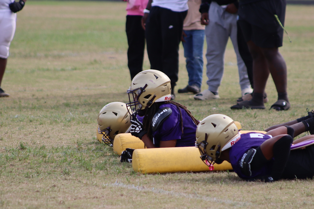 A group of high school football players in purple and white uniforms participate in an intense outdoor practice, running drills, engaging in contact exercises, and listening to coaches on a grassy field surrounded by teammates.