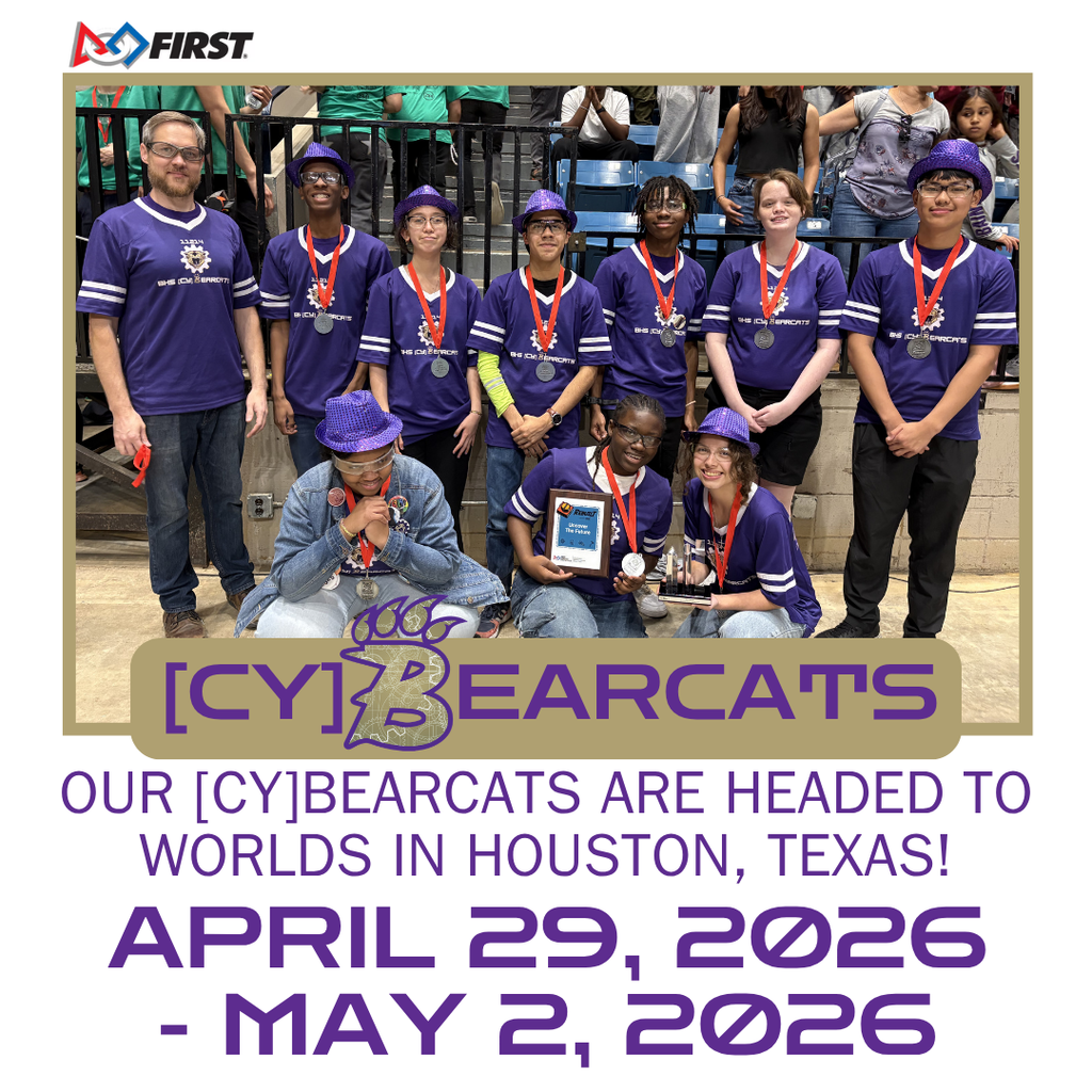 graphic for the cybearcats. robotics group poses for a picture as they head to the worlds competion in houston tx