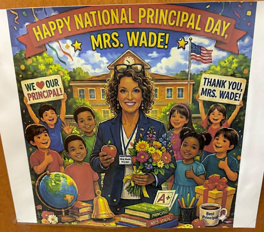 Colorful illustration of a school principal surrounded by happy students holding “Happy National Principal Day, Mrs. Wade” signs.