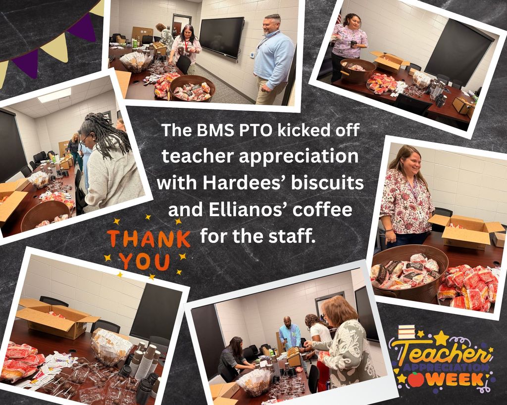 Images of BMS teaches with their Teacher Appreciation breakfast sponsored by PTO