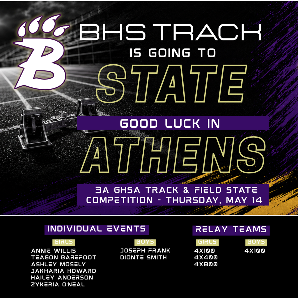 Graphic celebrating Bainbridge High School Track & Field athletes qualifying for the 3A GHSA State Competition in Athens, featuring individual and relay team qualifiers for the Lady Cats and Bearcats.