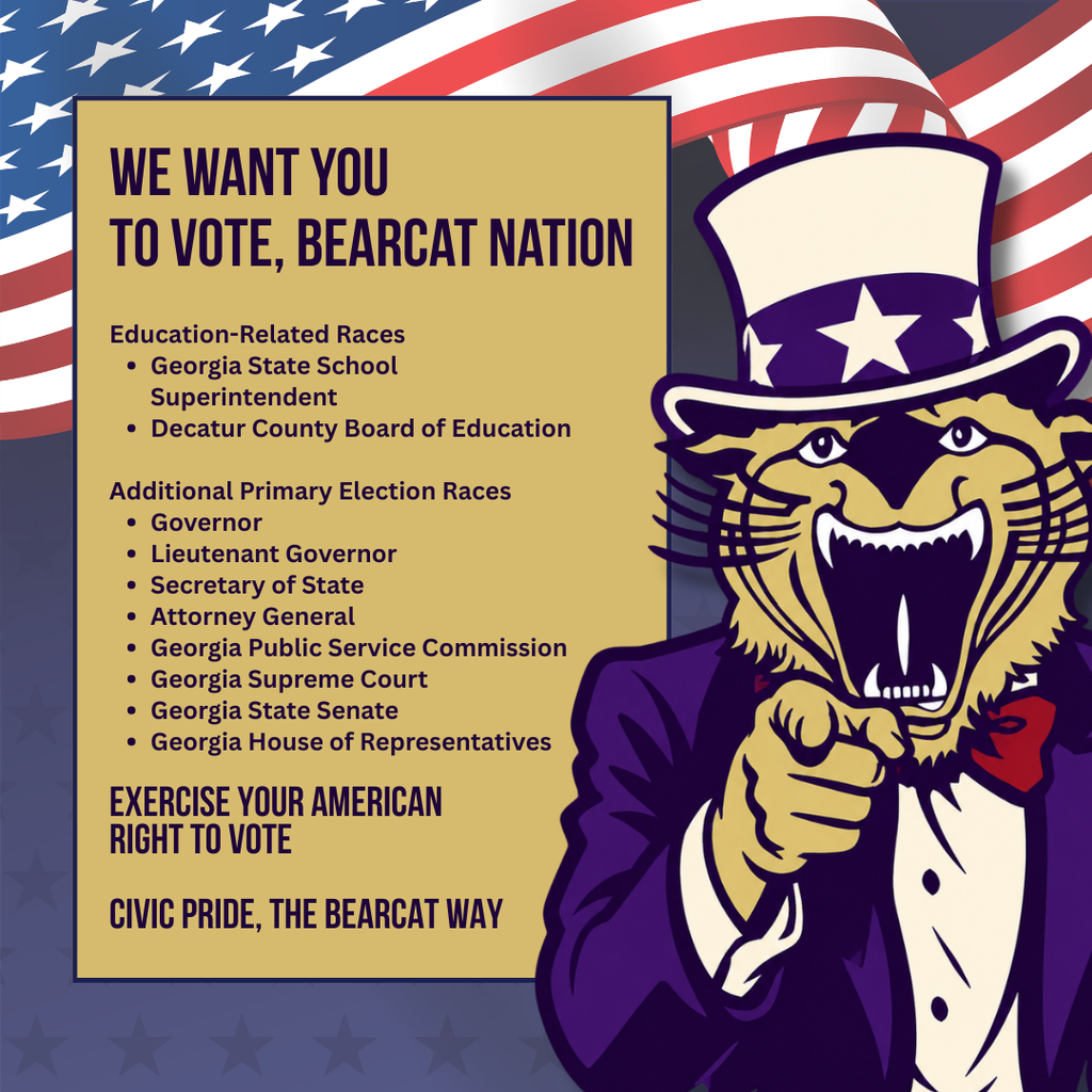 Patriotic Bearcat graphic encouraging the community to vote in education-related and Georgia primary elections.