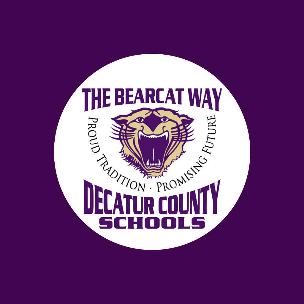 Decatur County Schools graphic featuring a purple and gold bearcat logo with the text 'The Bearcat Way' above it and 'Decatur County Schools' below. Beneath the logo,