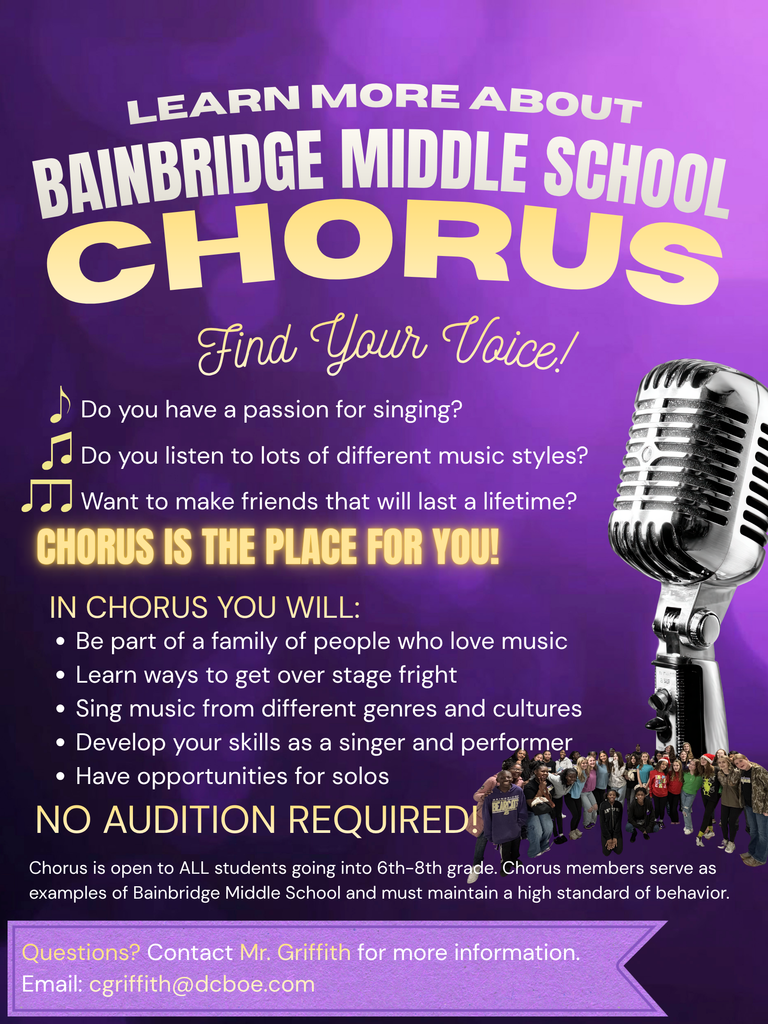 A vintage silver microphone on a stand sits beside a diverse group of smiling middle school students dressed casually, representing the Bainbridge Middle School Chorus. Text above reads "Learn More About Bainbridge Middle School Chorus" and "Find Your Voice!" with information about chorus benefits and open enrollment for grades 6–8 with no audition required.
